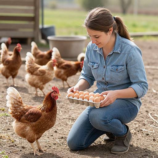 Photograph of a young woman with brown hair in a ponytail, wearing a blue denim shirt and jeans, kneeling to feed brown hens from a