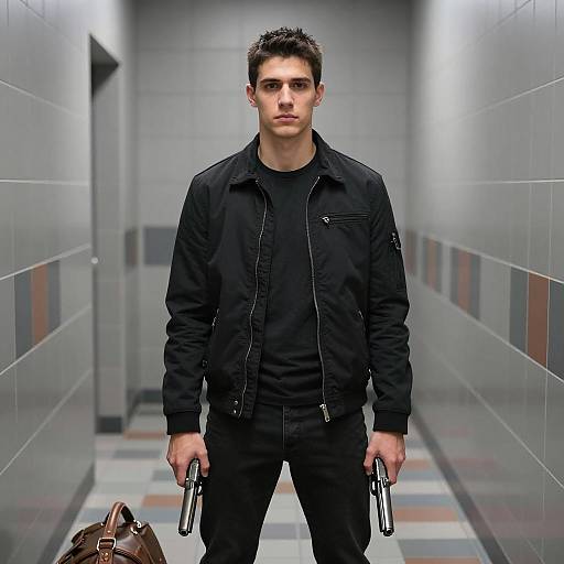 Young Man with Handguns in Hallway