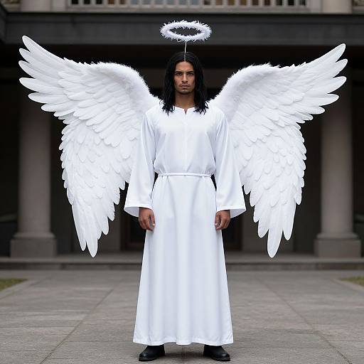 Photograph of a dark-haired man with long hair, wearing a white angel robe, large white feather wings, and a glowing halo, standing in front