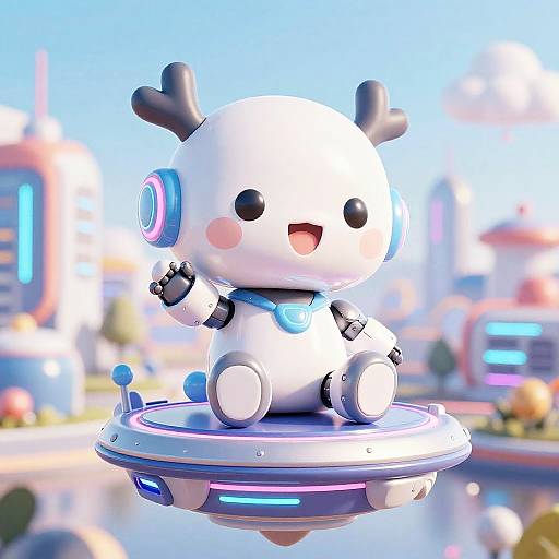 CGI image of a cute, white, chibi robot with black antlers, pink cheeks, and blue headphones, floating on a circular platform above