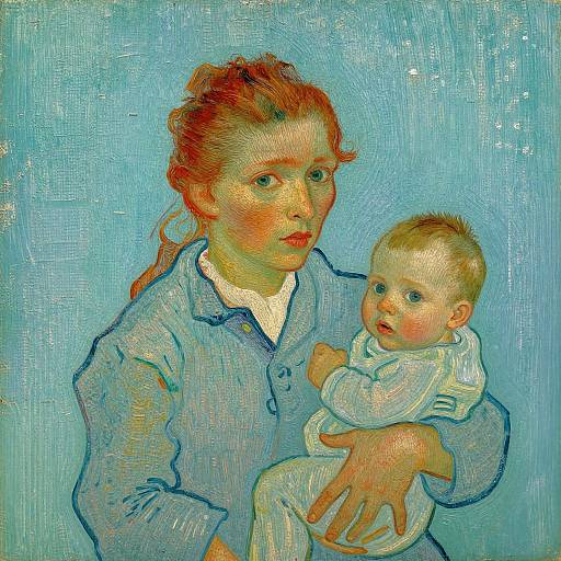Pointillist painting of a red-haired woman in blue shirt holding a blonde baby with white outfit, against a textured blue background.