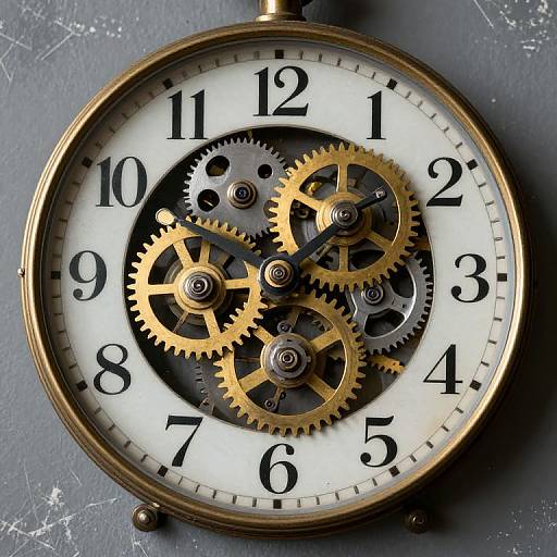 Photograph of a vintage, gold-framed clock with exposed, intricate brass gears, black numerals, and white face, set against a textured gray