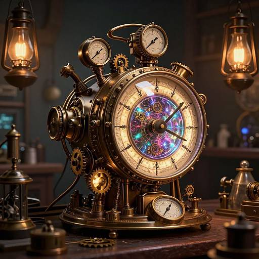 Steampunk clock with glowing, iridescent face, surrounded by brass gears and lanterns, on a wooden table in a dimly lit room