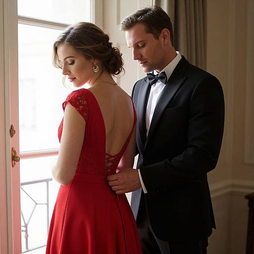 Photograph of a man in a black tuxedo adjusting the back of a woman's red, lace-embellished gown, standing in front