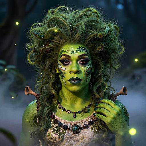Photorealistic CGI of a green-skinned woman with wild curly hair, mystical face paint, tribal necklace, and wooden pipes on shoulders, set against