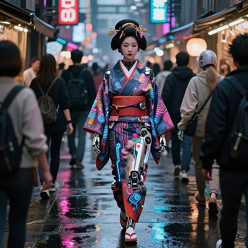 Photograph of a traditional Japanese woman in a colorful, patterned kimono with a red obi, walking confidently down a neon-lit, rainy