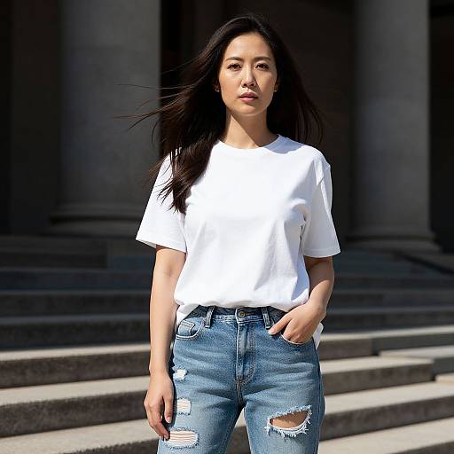 Photograph of an Asian woman with long black hair, wearing a white t-shirt and distressed blue jeans, standing on sunlit stone steps with a dark