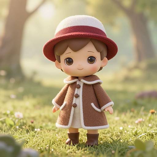 CGI image of a cute, chibi-style boy with brown hair, wearing a brown coat, white-trimmed hat, and brown boots,