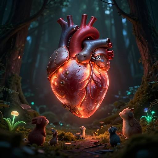 CGI fantasy forest scene with glowing, metallic, red and orange heart hovering above, surrounded by small, curious, anthropomorphic animals and luminescent