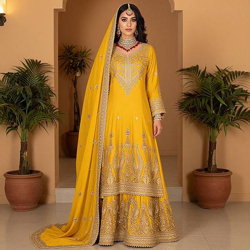 Photograph of a South Asian woman in a vibrant yellow traditional lehenga with gold embroidery, adorned with jewelry, standing in a warmly lit room with p