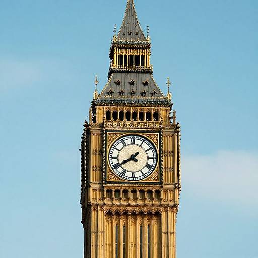 Photograph of the iconic Big Ben clock tower, showcasing its detailed Gothic architecture, black clock face, and golden spire against a clear blue sky.
