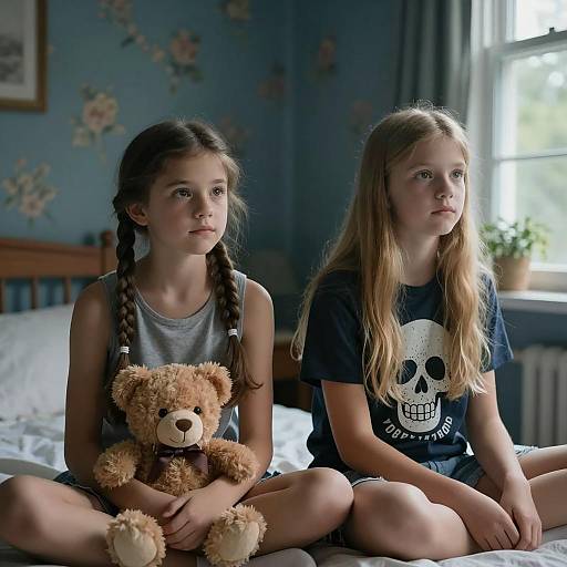 Two Young Girls Sitting on Bed Indoors