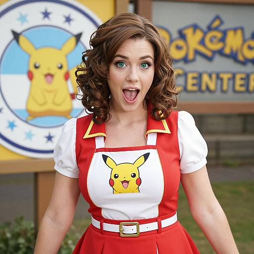 Photograph of a surprised woman with curly brown hair, wearing a red and white Pikachu-themed dress, in front of a Pokémon Center sign.