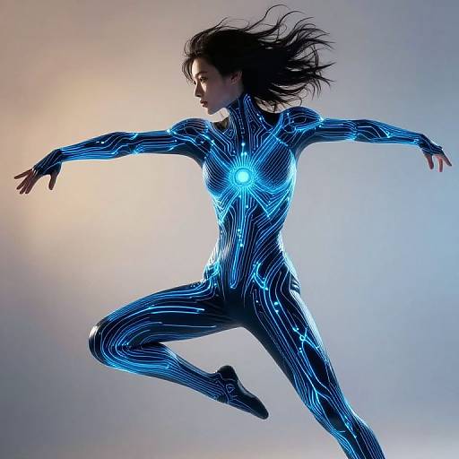 Photograph of a woman in a glowing blue, neon-patterned bodysuit, mid-air jump, against a gradient light background, hair flowing.