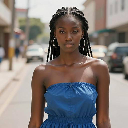 Black Woman in Blue Strapless Dress Outdoors