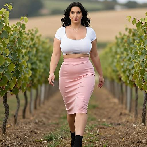 Curvy Woman Walking Through Vineyard