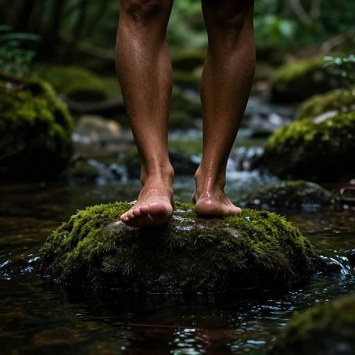 Photograph of bare, wet legs standing on a moss-covered rock in a forest stream, with dark, reflective water and blurred greenery in the background