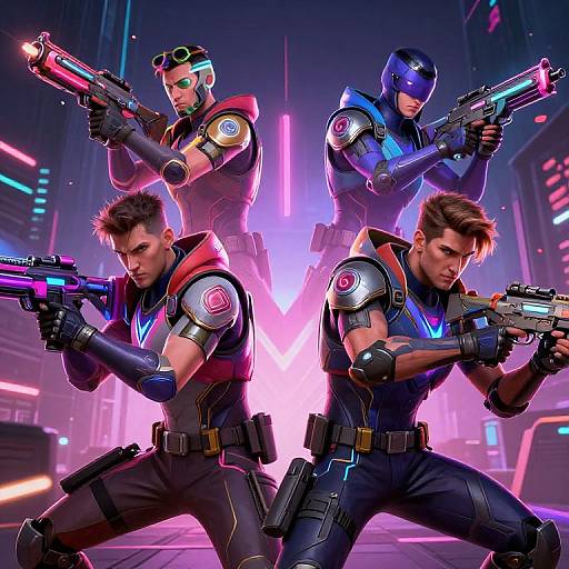 CGI image of four futuristic, muscular superheroes in neon-lit city, aiming glowing guns. Each wears distinct armor with colorful accents, standing in dynamic