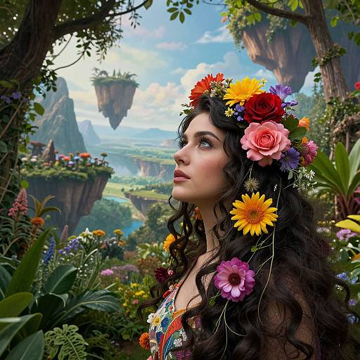 Fantastical digital artwork of a fair-skinned woman with long, curly black hair, wearing a vibrant flower crown, looking up at floating islands and