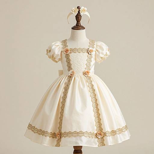 Photograph of an elegant, vintage, cream-colored children's dress with gold lace trim, puffed sleeves, and rose embellishments, displayed on a