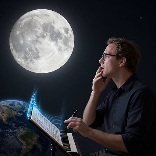 Photograph of a middle-aged man with glasses, black shirt, and short brown hair, playing keyboard in space with a glowing moon, Earth, and