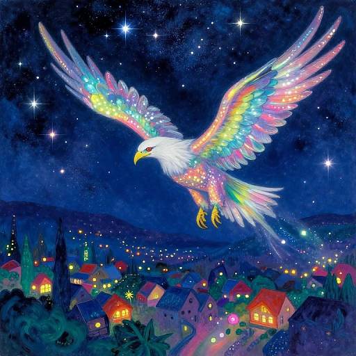 Vibrant digital painting of a multicolored, glowing eagle soaring over a starry night sky and a quaint, illuminated village.