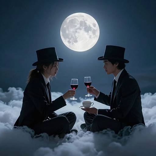 Photograph of two elegantly dressed men in black top hats and suits, sitting on clouds, clinking glasses of red wine under a bright full moon