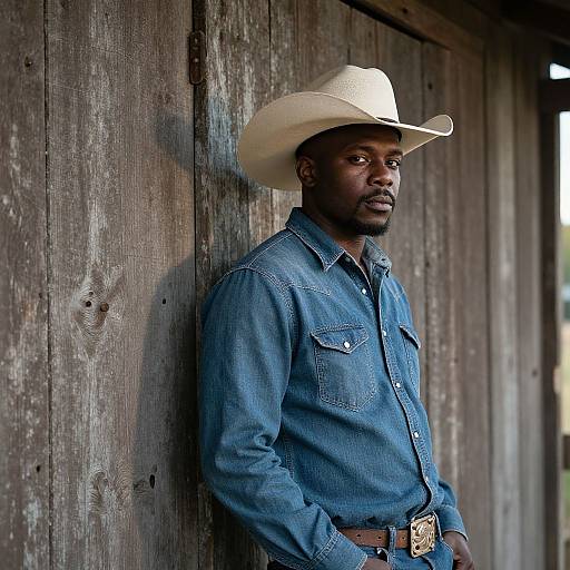Photograph of a serious Black man in a white cowboy hat, blue denim shirt, and brown belt, leaning against a weathered wooden wall.