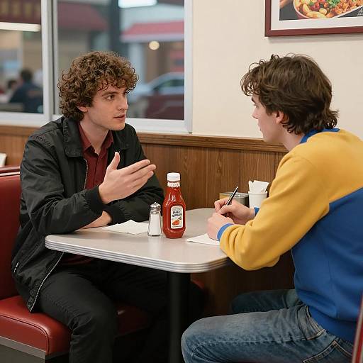 Two Men Talking at Diner Table