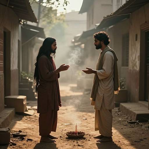 Photograph of two bearded men in traditional attire, standing in a sunlit, misty alley, facing each other with hands raised, and a