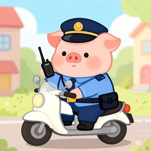 Cute digital illustration of a pink pig in a blue police uniform and cap, riding a white scooter, raising a finger in a sunny, suburban background