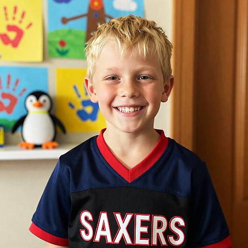 Smiling Boy in Sports Jersey with Artwork