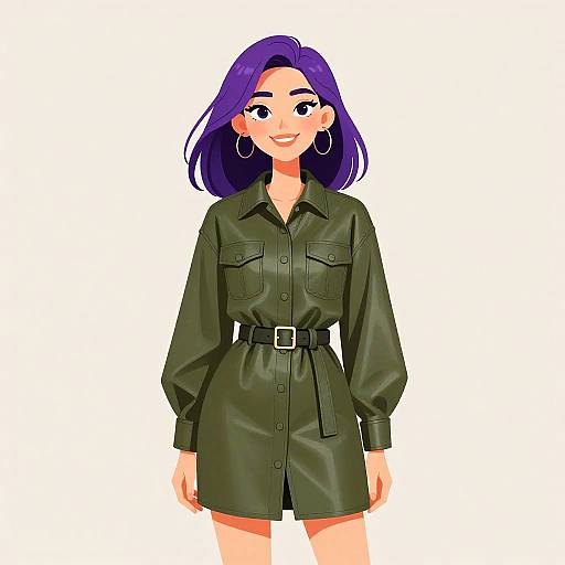 Digital illustration of a smiling woman with purple hair, wearing a green, belted, button-up shirt dress, and large hoop earrings.
