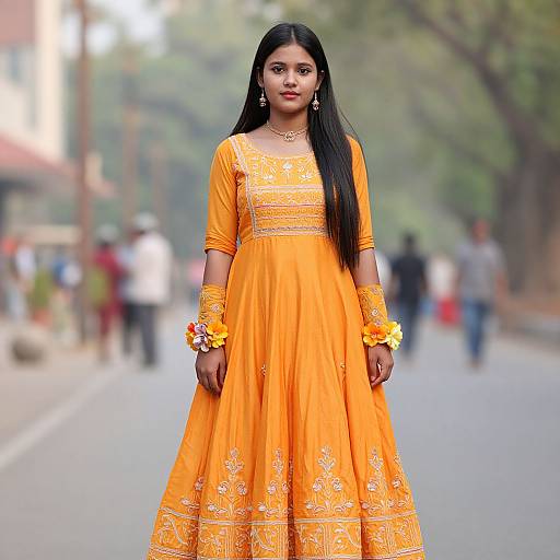 Photograph of an Indian woman with long black hair, wearing an orange traditional dress with white embroidery, standing on a blurred street with green trees and pedestrians