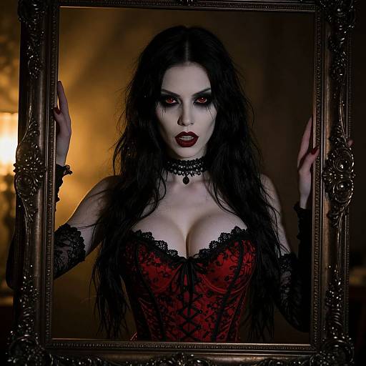 Gothic vampire woman with long black hair, red lace corset, black choker, and dark makeup, framed in ornate black frame.