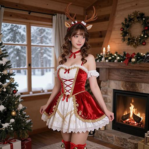 Photograph of a young woman in a red and white Christmas-themed dress with reindeer antlers, standing in a cozy, wooden cabin with a lit