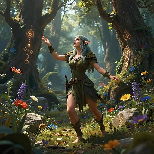 Digital fantasy artwork: Elven woman with blue hair, pointy ears, green dress, and bracelets, casting a spell in a sunlit, enchanted