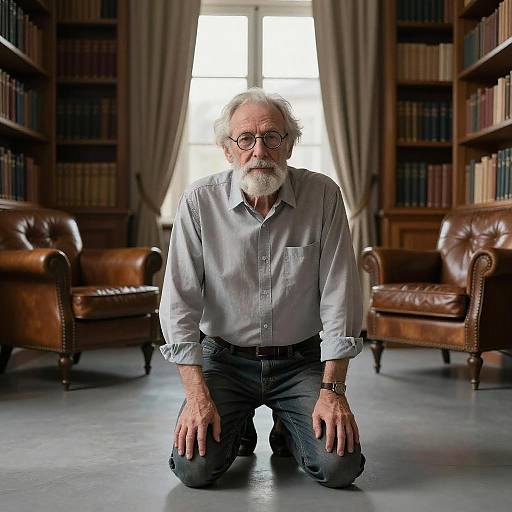 Photograph of an elderly white man with gray beard, glasses, gray shirt, black pants, kneeling in a library with leather chairs and bookshelves