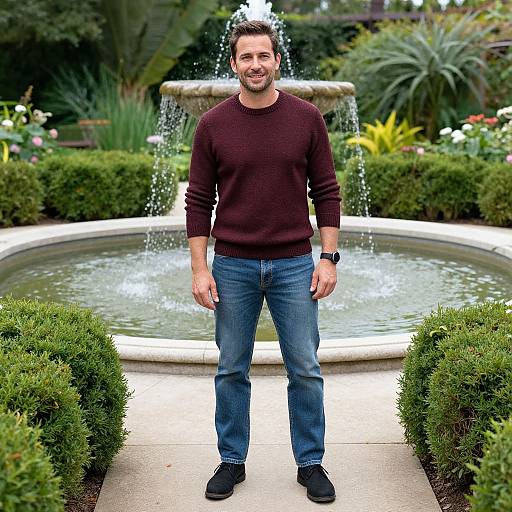 Photograph of a smiling man with short brown hair, beard, wearing a maroon sweater, blue jeans, black shoes, standing in front of a