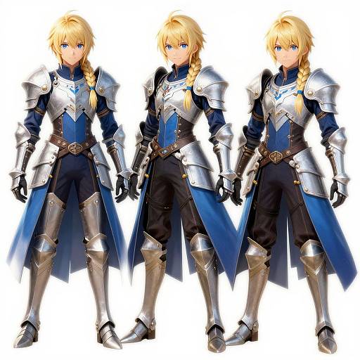 Digital anime-style illustration of four blonde, blue-eyed, armored male characters with braided hair, blue and silver medieval armor, and black pants.