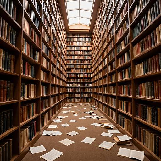 Photograph of a long, narrow library aisle with wooden bookshelves on both sides, filled with books, and scattered white papers on the floor.