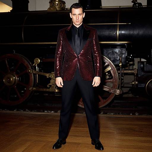 Photograph of a man in a sequined dark red blazer, black bow tie, and black pants, standing in front of a vintage steam engine