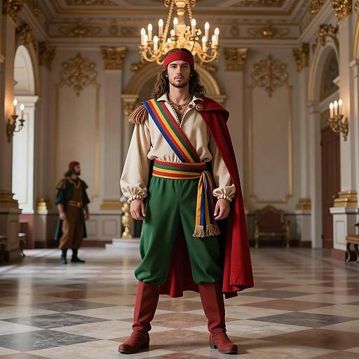 Man in Traditional Costume in Ornate Hall