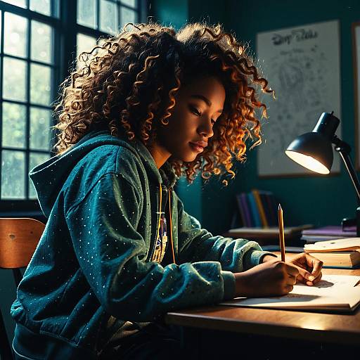 Teen Girl Studying at Desk with Curly Hair