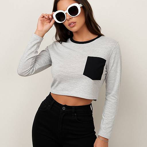 Photograph of a woman with long dark hair, wearing white circular sunglasses, a gray cropped long-sleeve top with a black pocket, and black