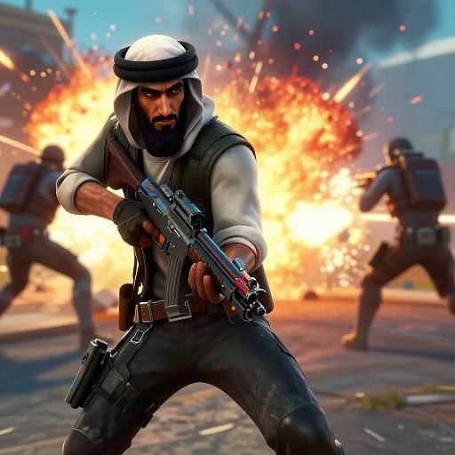 Digital artwork of a bearded, black-bearded man in white hood, black vest, and pants, firing a rifle amid an explosion, with two