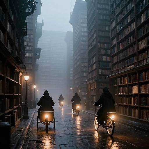 Misty Library Street with Glowing Tricycles