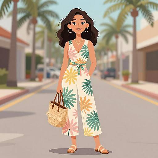 Digital illustration of a smiling woman with long black hair, wearing a white floral jumpsuit, holding a wicker bag, standing on a sunny, palm