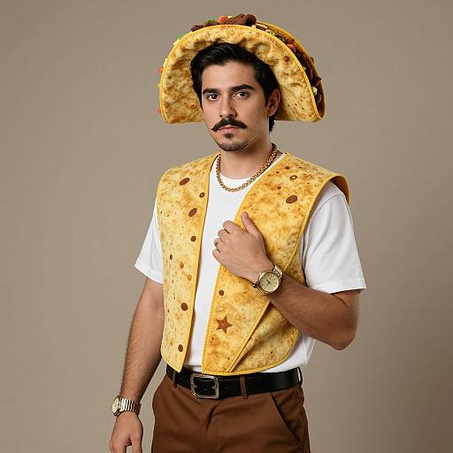 Photograph of a man with dark hair and mustache, wearing a yellow, star-patterned vest, white shirt, brown pants, and a large