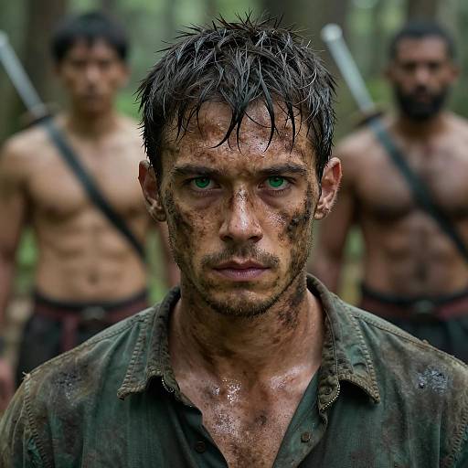Intense Mud-Covered Man in Forest